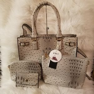 GREY  EMBOSSED FOUR PIECE CLASSIC TOTE SET